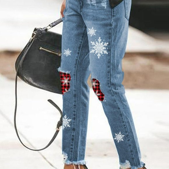 Sky Blue Christmas Snowflake Plaid Patchwork Distressed Jeans - Picture 1 of 3